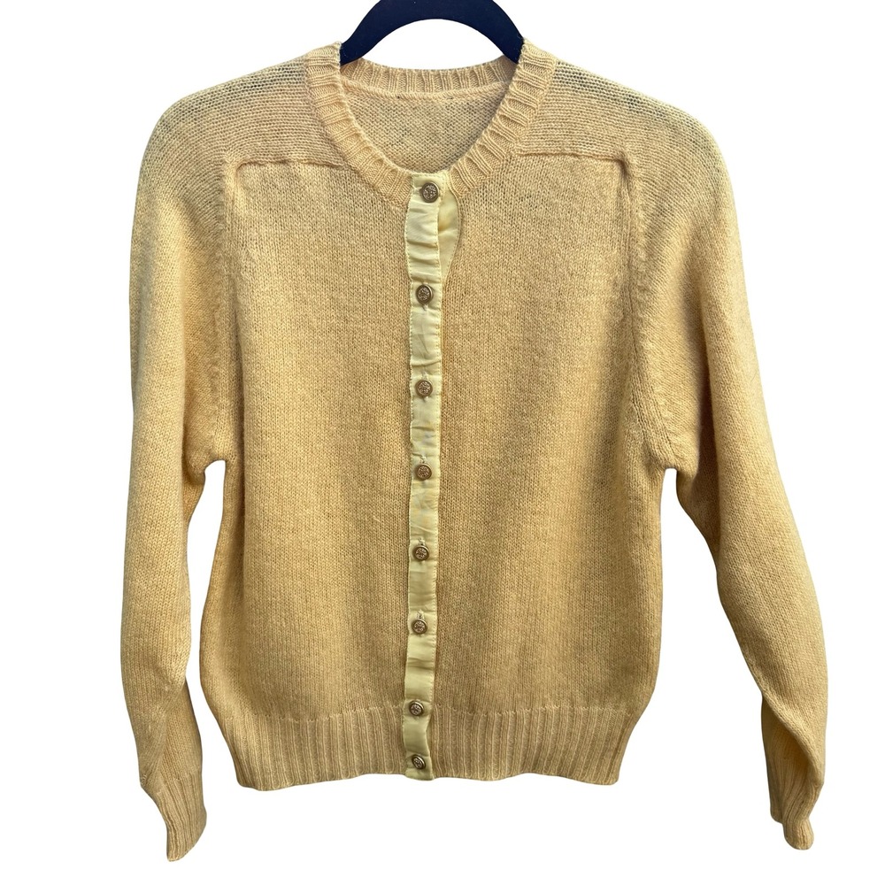 Braemar Vintage Butter Yellow Scottish Wool Preppy Grosgrain Trim Cardigan S